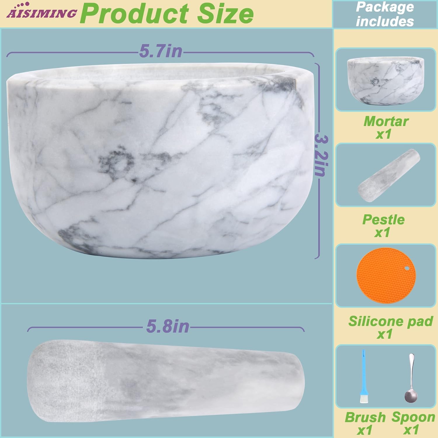 Mortar and Pestle Set Polished Natural Marble Stone Guacamole Molcajete Bowl with Base Silicone Pad,Matching Stainless Spoon and Matching Small Brush (Large, White Gray): Home & Kitchen