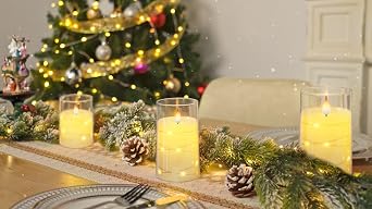 Homemory Flickering Flameless Candles with String Lights, Battery Operated Candles, Embedded String Lights LED Candles, Unbreakable Plexiglass Candle with Remote, Set of 3, Ivory White