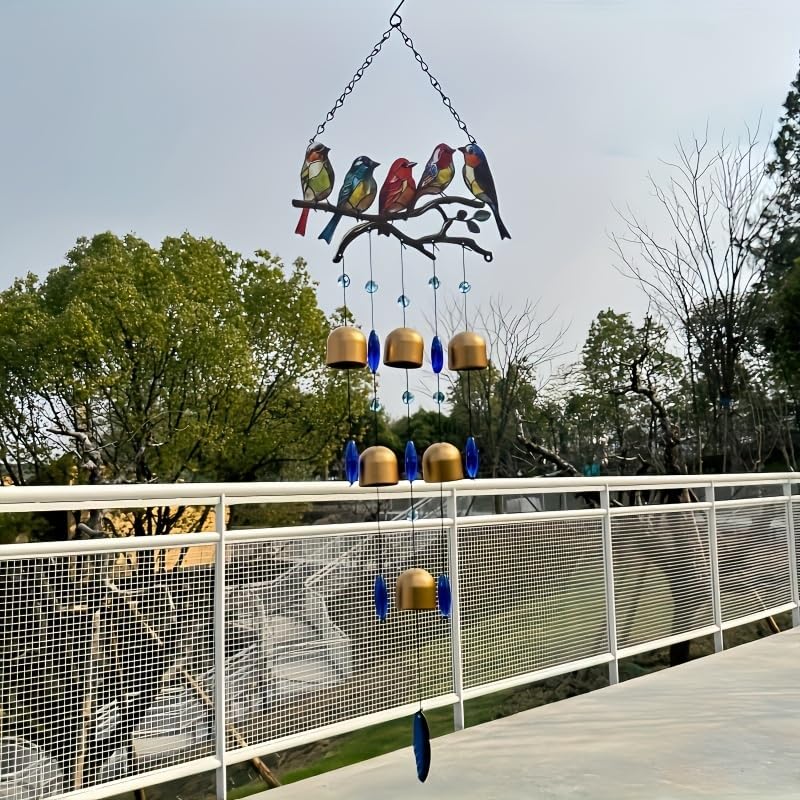 1 Set Creative Metal Wind Chimes with Birds Decorative Hanging Ornaments for Windows Balconies and Gardens No Battery Required Golden Bell