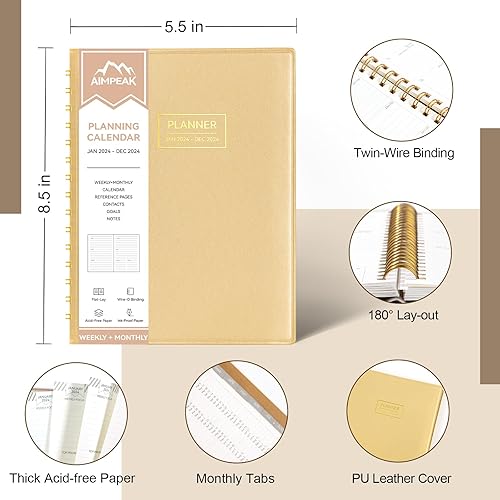 Miniatura 5 de Agenda 2024, agenda diaria, semanal y mensual encuadernada en espiral, enero de 2024 a diciembre de 2024, agenda AIMPEAK 2024 para mujer,