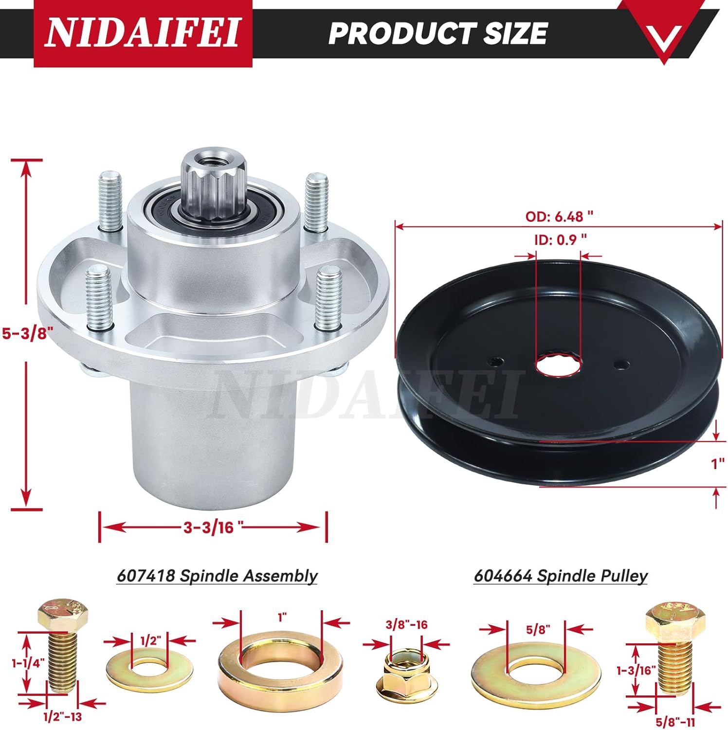3 Pack 607418 Spindle Assembly with 604704 Pulley Replaces 601804 Spindle Assembly for Hustler Raptor SD 60 Deck Spindles, Hustler 60 inch Mower Deck Spindles, Hustler Fastrak 60 inch Spindle
