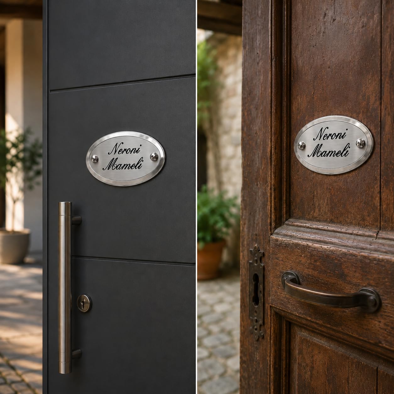 Targa Porta Ingresso Personalizzabile con Nomi, in Alluminio Ovale Finitura Lucida/Satinata Incisa extra lusso per Esterno, Casa e Azienda - Made in Italy