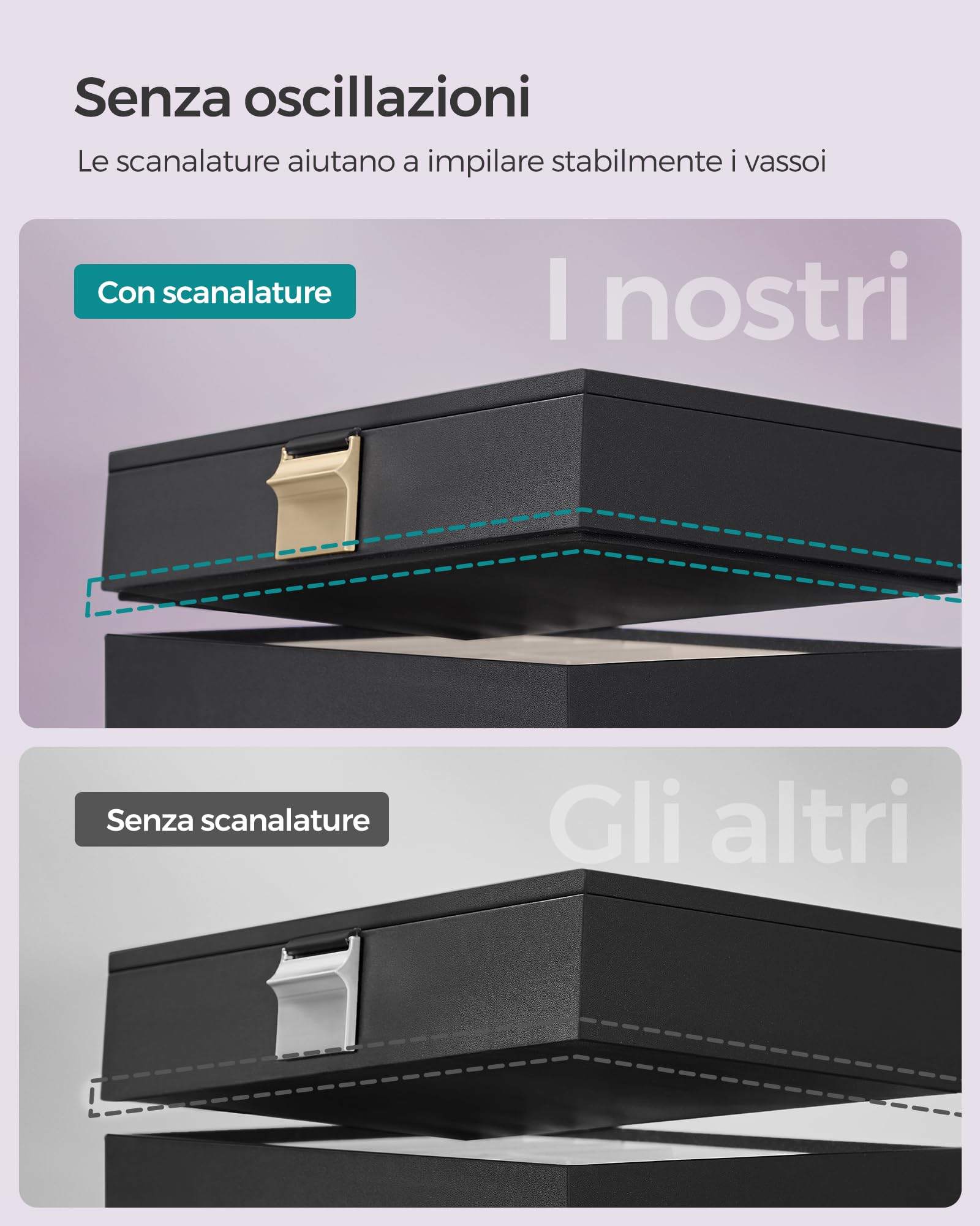 SONGMICS Scatola Portagioie con 6 Vassoi Impilabili, Porta Gioielli Capiente, Coperchio in Vetro Chiaro, 17 x 28 x 25,3 cm, per Cassetto Toeletta, Idea Regalo, Nero Inchiostro JBC195B01