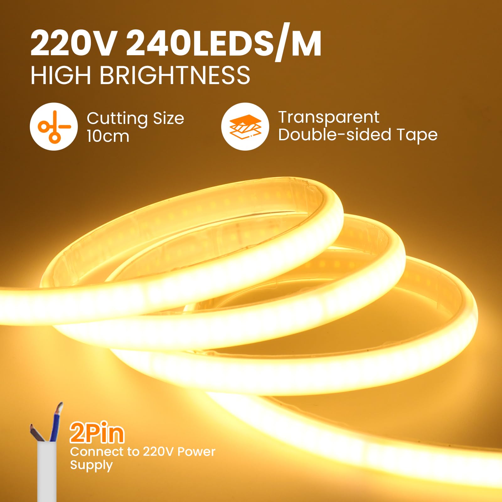 Tira de neón Autoadhesiva para interiores, Recortable 10cm, Conexión de 2 hilos a tira LED COB de 230V CA, 240 LEDs/m Tira de luz LED Flexible superbrillante para Navidad(Blanco Cálido, 50m)