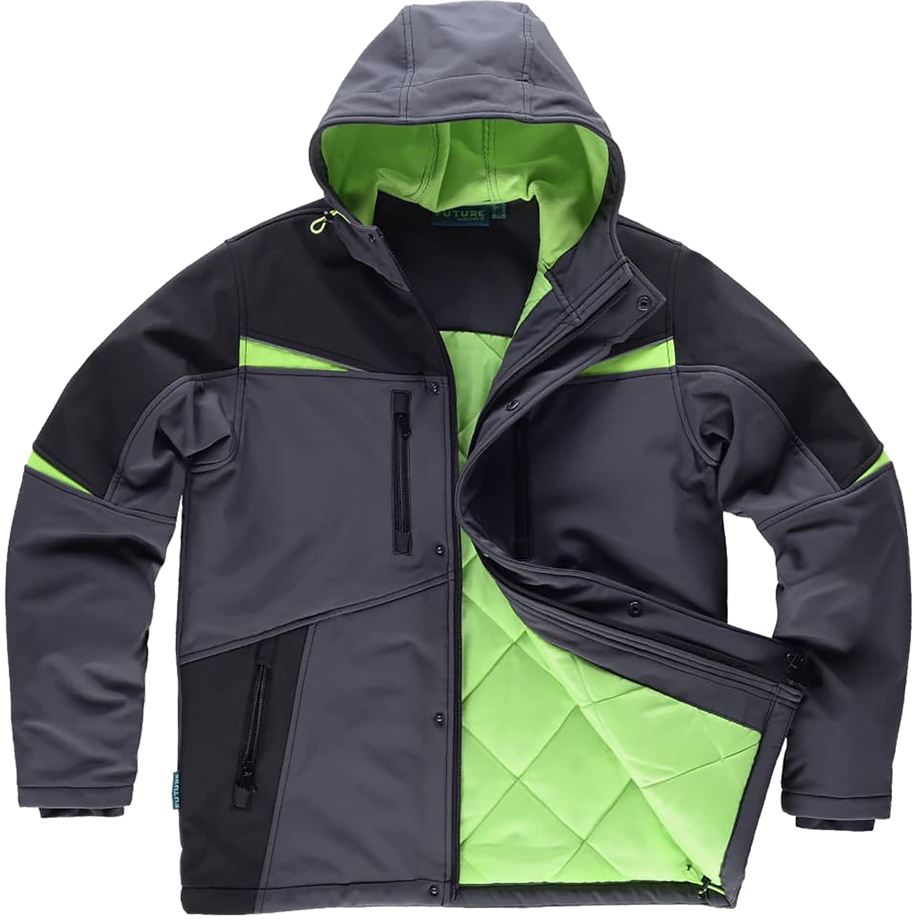 WORKTEAM Cazadora Softshell de Trabajo Acolchada Tricolor con Detalles Reflectantes y Canesús. Unisex Gris Oscuro+Negro+Verde