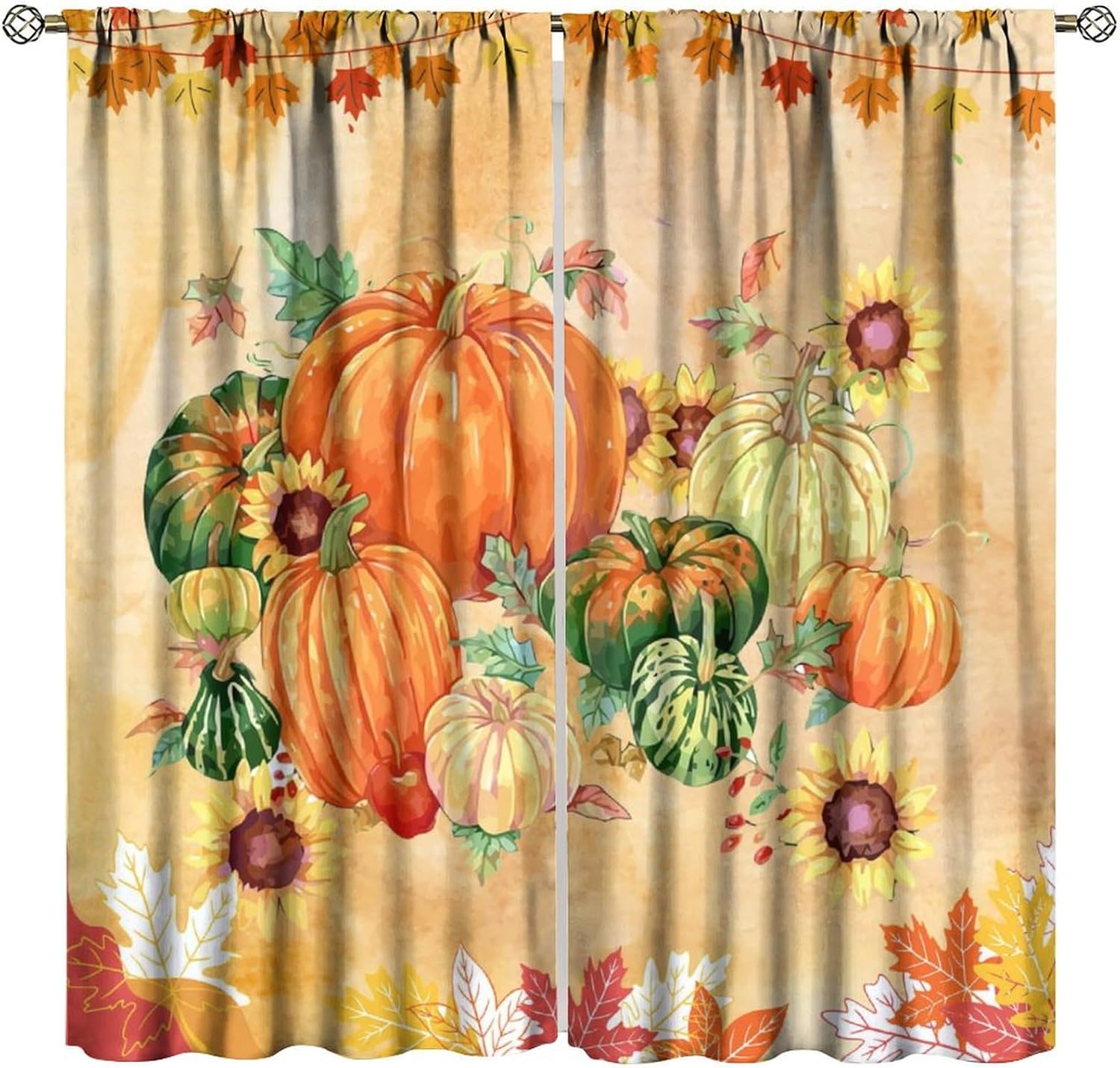 Fall Thanksgiving Blackout Curtains, Rustic Watercolour Art Autumn Farm Pumpkin Harvest Holiday Party Decor Print Rod Pocket Window Treatments Drapes for Kitchen Bedroom Living Room 42"W X 54"L