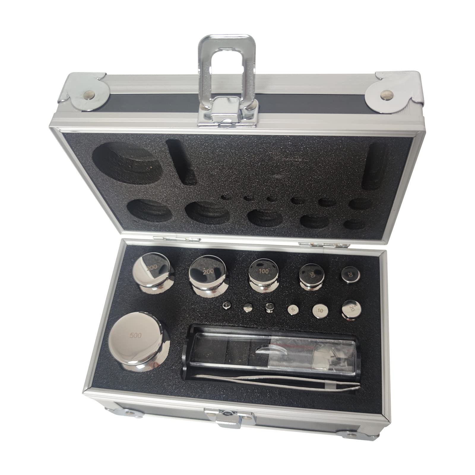 Kit de pesas de calibración de acero inoxidable de grado F1, 1 mg-500 g, 25 pesas, empaquetadas en caja de aleación de aluminio para laboratorio y educación