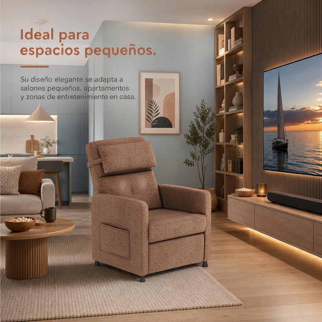 GarveeLife Sillón Relax eléctrico Masaje Calor Lino, 83x76x102 cm, Marrón | 4 puntos de masaje, calor lumbar, reclinación eléctrica 150°, mando con memoria, tejido lino y estructura de hierro en casa.
