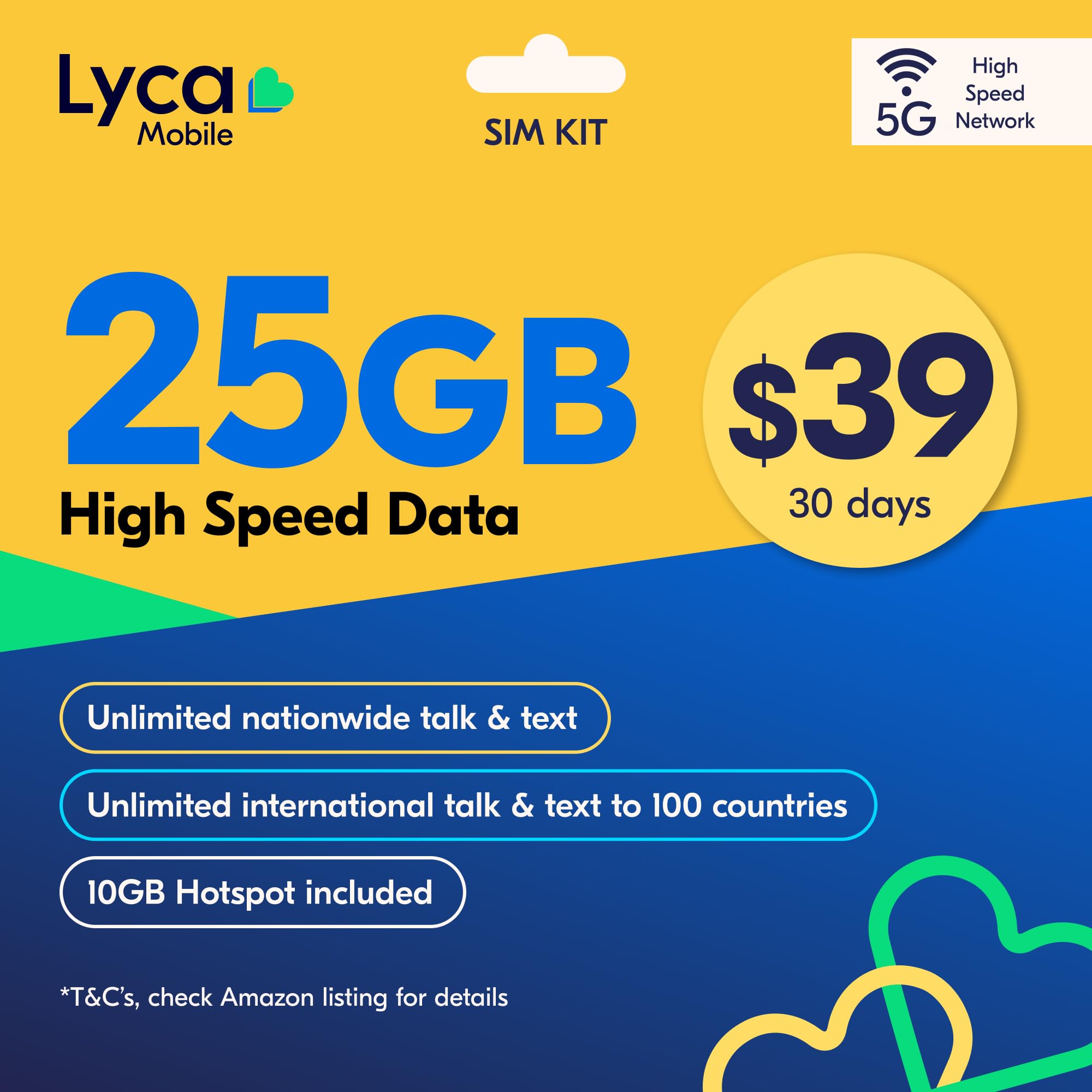 Lyca Mobile USA Prepaid 5G/4G SIM Card | $39 Plan | Unlimited Talk, Text &amp; Data | 25GB High Speed Data (10GB Hotspot) | 30 Days