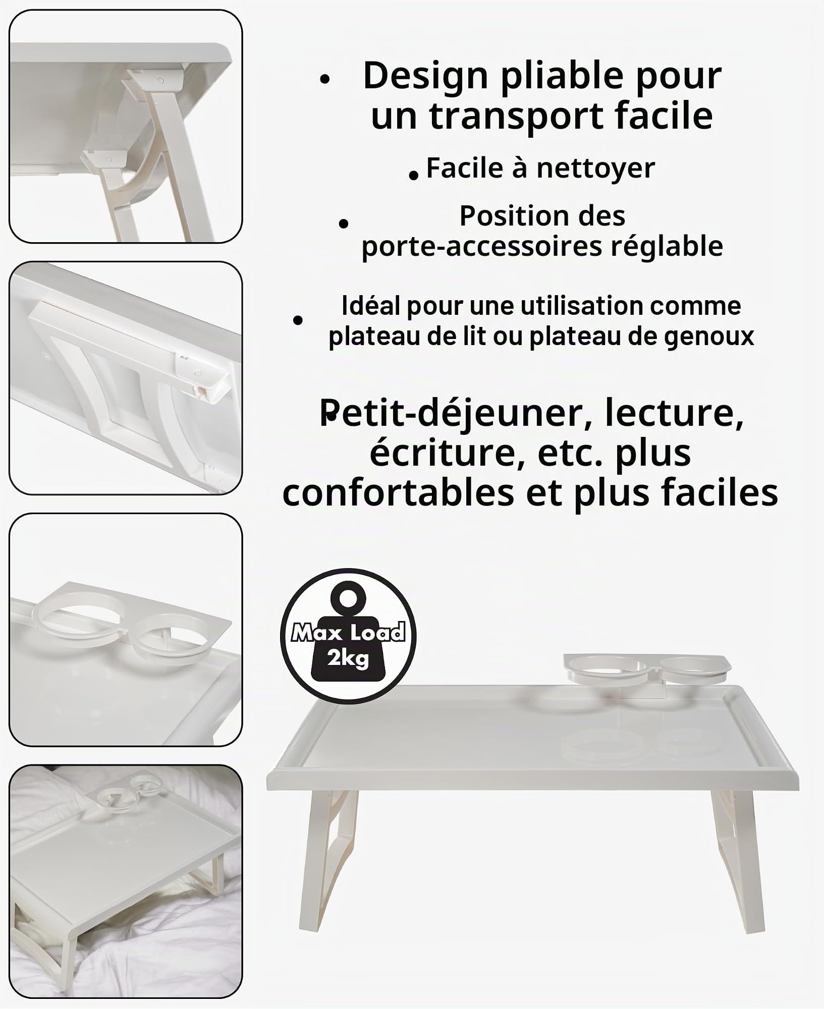 Aidapt Table Pliante avec Pieds et Porte-Boissons. Bords surélevés, Rangement Facile, Plateau pour Les Genoux, Petit déjeuner au lit, travaux manuels, 475 x 300 mm, Espace utilisable, léger