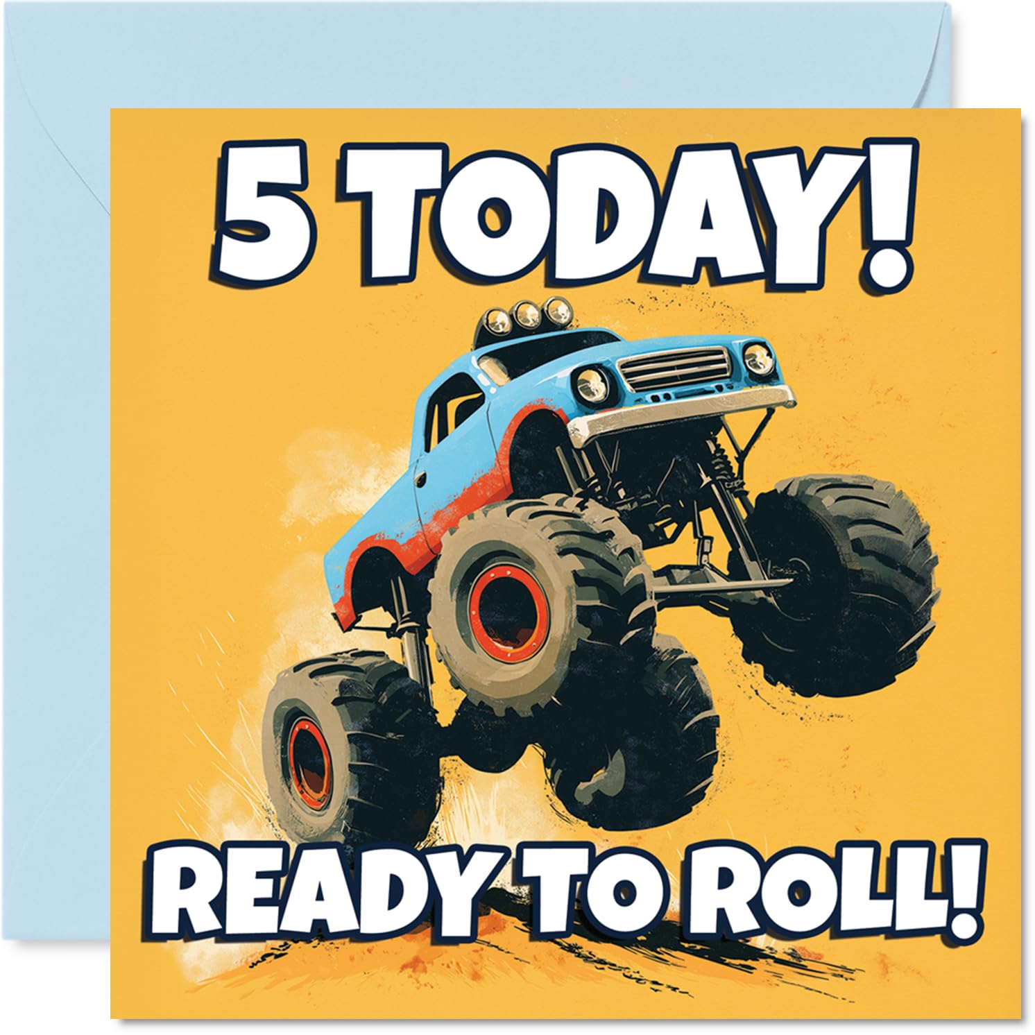 Playful 5th Birthday Card - Rev Up the Fun - Bold Monster Truck in Yellow, Blue, and Red - Bursting with Birthday Energy - 145mm Square, Envelope Included