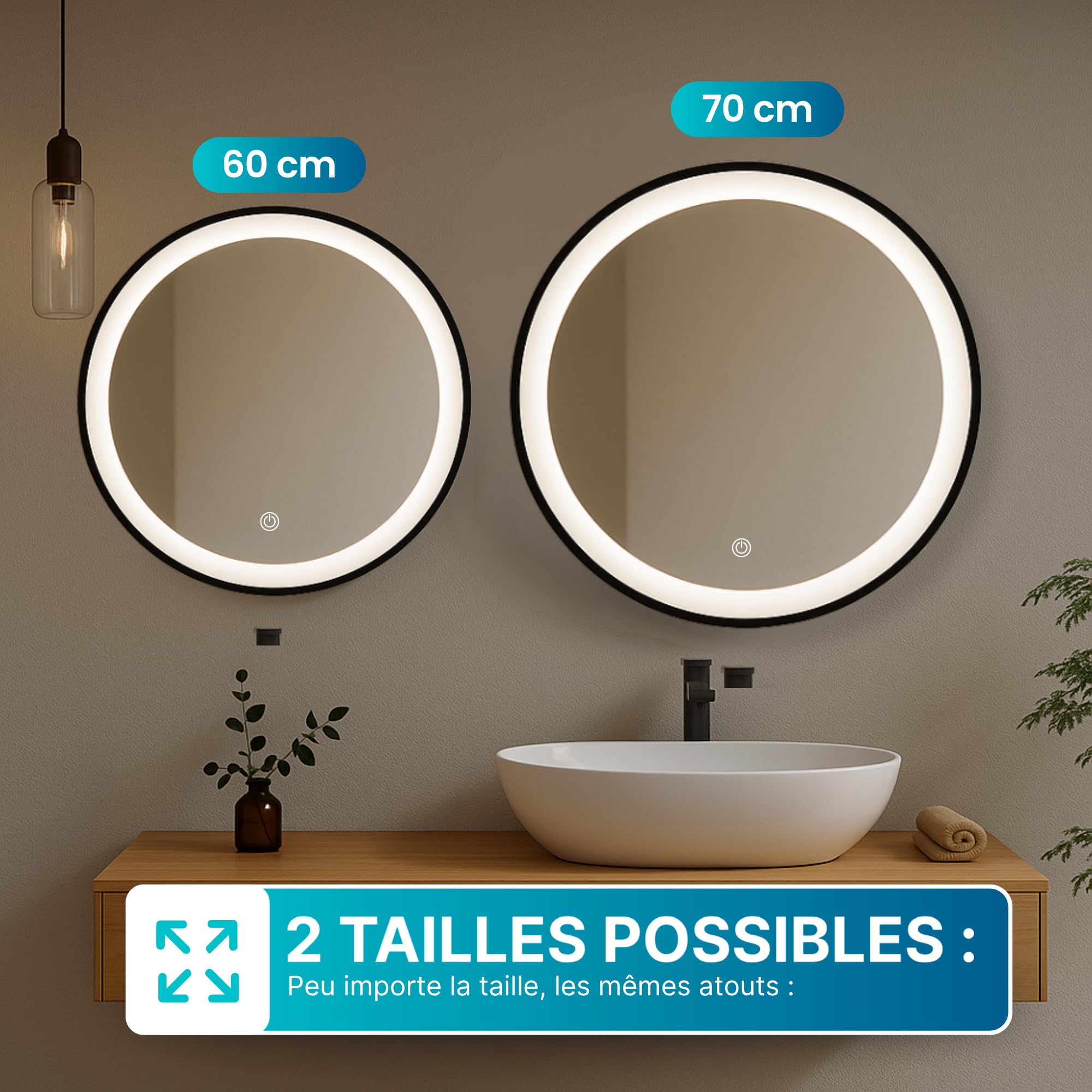 Miroir LED Rond Ø60 cm avec Cadre Aluminium Noir Mat – Éclairage Frontal Dimmable 6000K Blanc Naturel – Fonction Anti-Buée, Prise EU Incluse, Installation Facile, Design Moderne Salle de Bain