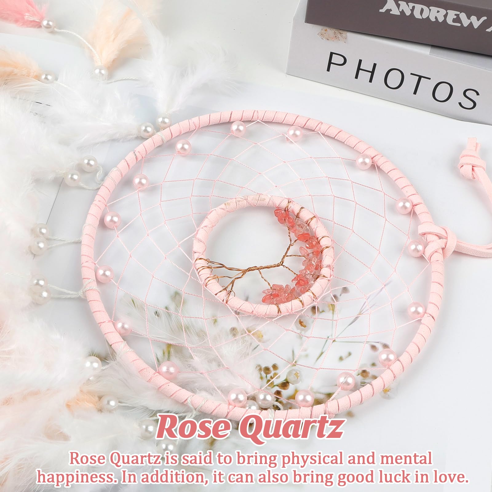 Atrapasueños rosa macramé cristales anillos de metal resistentes UV exterior decoración boho dormitorio infantil