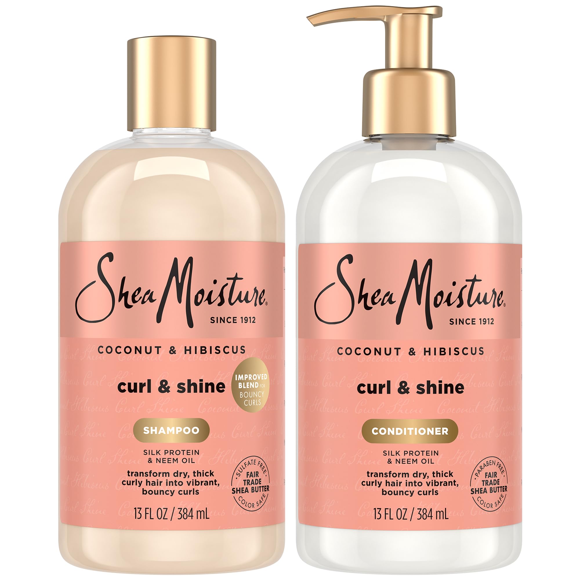 SHEA MOISTUREShampoo and Conditioner Set, Coconut & Hibiscus Curl & Shine, Curly Hair Products with Coconut Oil, Vitamin E & Neem Oil Provides Frizz Control, 13 Fl Oz Each