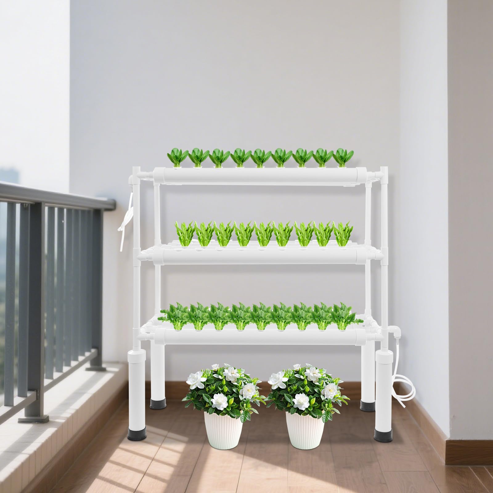 Système de culture hydroponique 108 emplacements pour plantes, kit de culture hydroponique à 3 étages avec pompe à eau et minuterie d'irrigation, étagère verticale en PVC pour légumes, herbes et