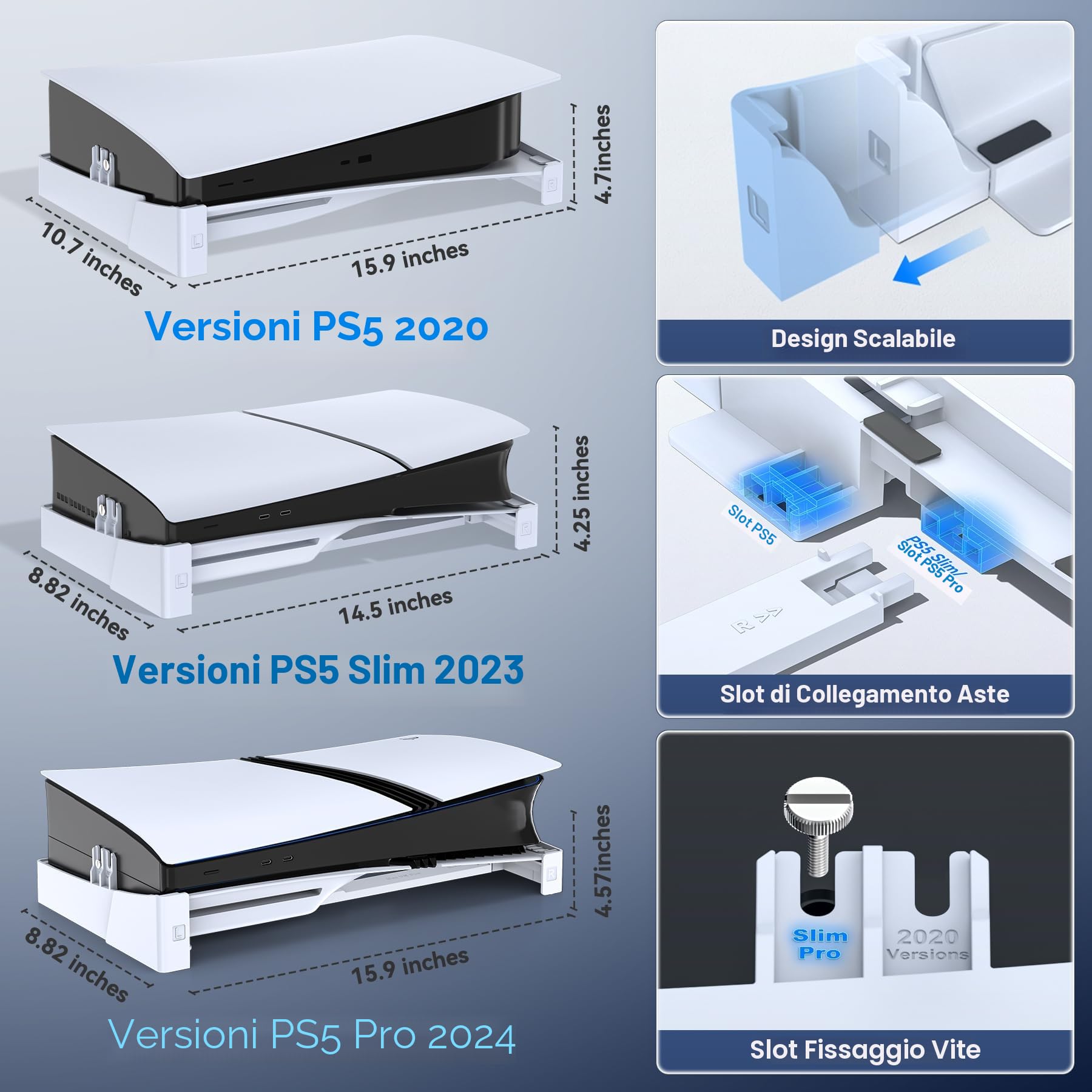 PS5 Supporto Orizzontale, Supporto per PS5 Compatibile con Playstation 5/Slim/Pro Console Disc & Digital Editions con Fissaggio a Vite - Bianco
