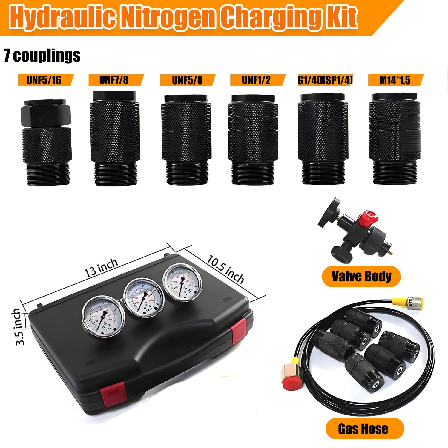 Kit de carga de acumulador de nitrógeno hidráulico, kit de llenado de nitrógeno, herramientas de carga de gas con 3 manómetros, 7 acoplamientos, 1 manguera de gas para sistema de prueba de presión d