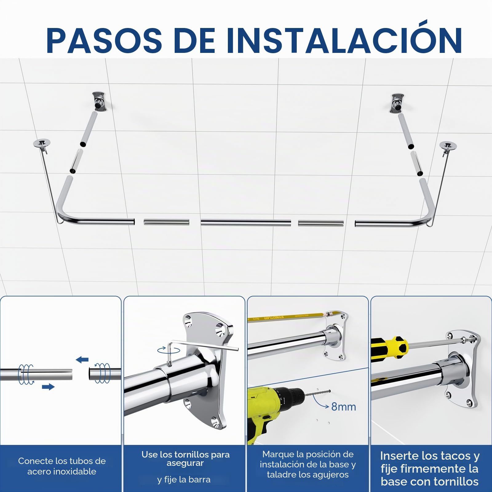 Barra de cortina de ducha en forma de U/L, [80-90] × [160-180] × [80-90]cm | Barra de ducha esquina de acero inoxidable SUS304, barra de ducha ajustable con soporte de techo, incluye 22 anillos