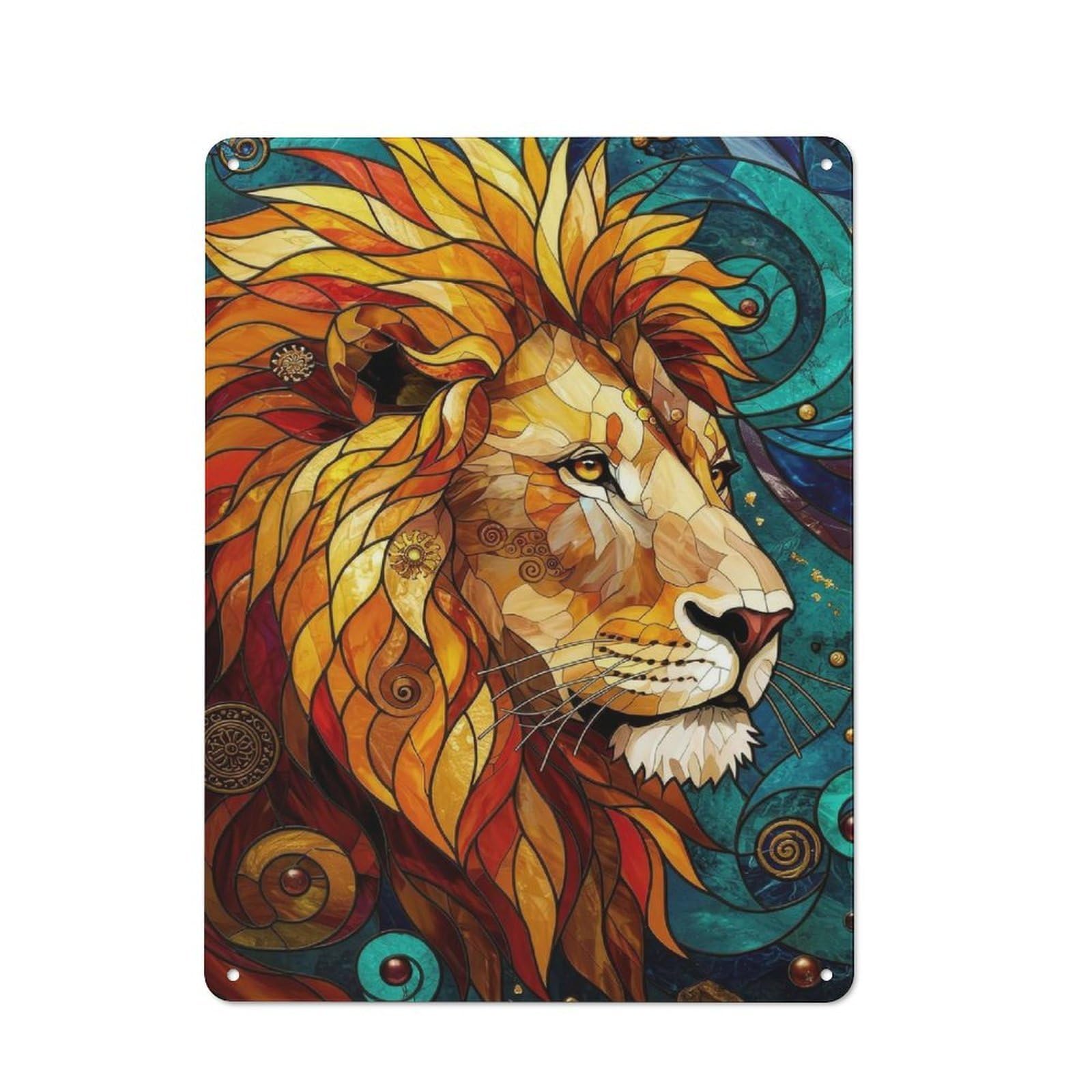Tin Wall Plaque 40x30cm with Stained Glass Lion for Garage Wall, with Clear Vintage Wall Decor Character
