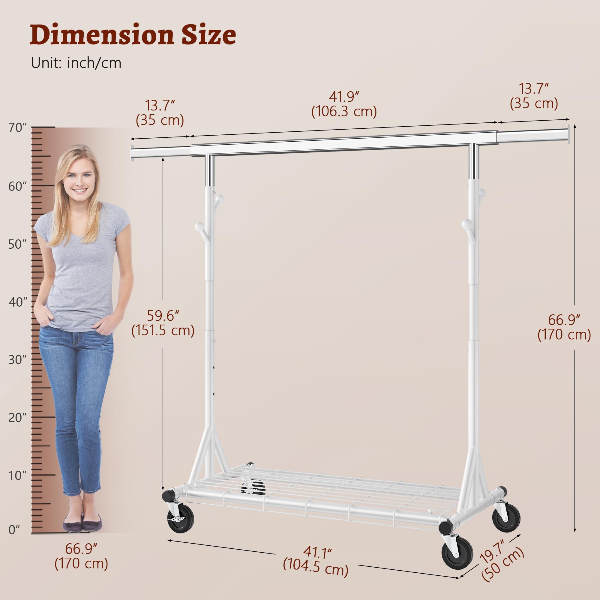 FAVOOSTY Stand Appendiabiti con Ruote, Attaccapanni Estensibile per Carichi Pesanti, Portata Totale 200 kg - 50 x (106-176) x 170 cm, installazione rapida 1 minuto,Bianco