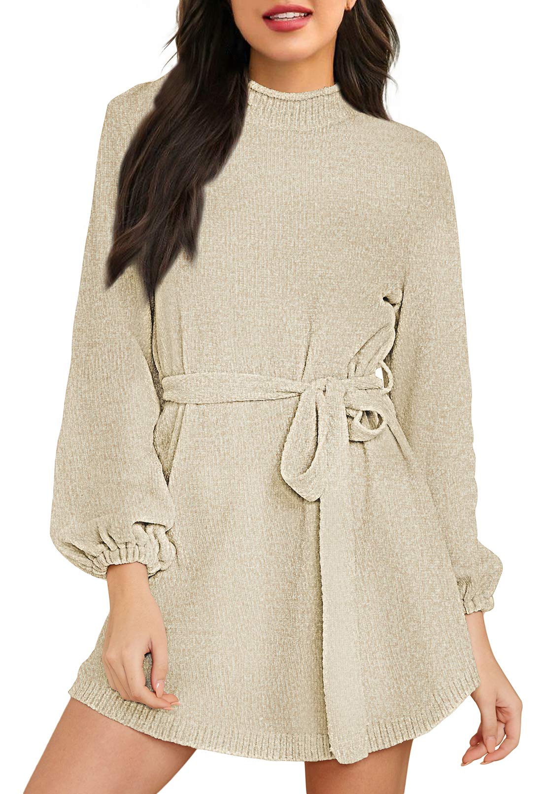 HAPCOPEWomen's 2024 Fall Winter Elegant Chenille Sweater Dress Mock Neck Long Sleeve Short Dresses with Belt