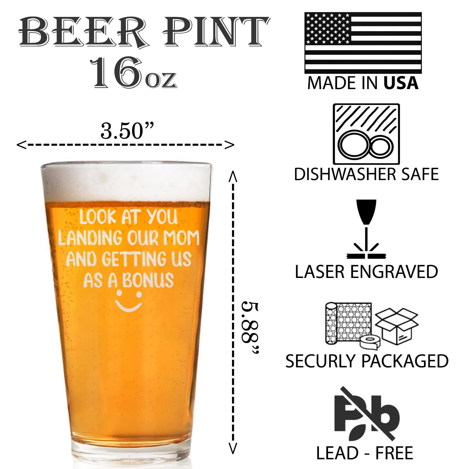 CARVELITA Look At You Landing Our Mom And Getting Us As A Bonus 16oz Beer Glass, Father's Day Beer Pint For Dad, Bonus Dad Gifts, Birthday Gifts For Stepdad