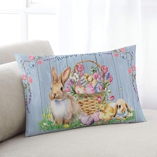 Happy Easter Small Pillow Covers,Soft Breathable Throw Pillow Cases with Invisible Zipper,Spring Easter Eggs Bunny Floral Blue Wood Decorative Pillowcase Pillows Protectors for Sofa Bed Chair 12"x20"