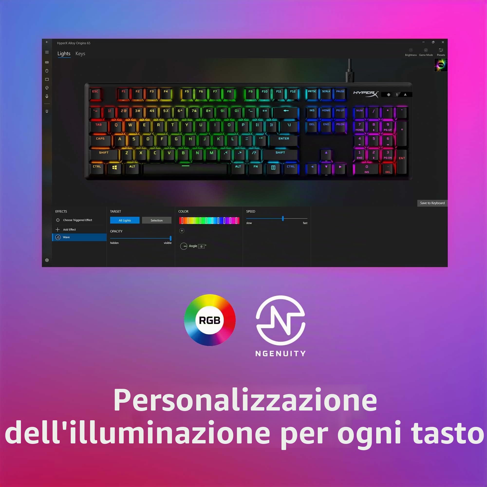HyperX Alloy Origins PBT, Tastiera Meccanica da Gaming Cablata, Illuminazione RGB, Telaio in Alluminio, 80 Milioni di Pressioni, Copritasti presenti, 3 Dispositivi Collegabili, Layout Inglese, Nera