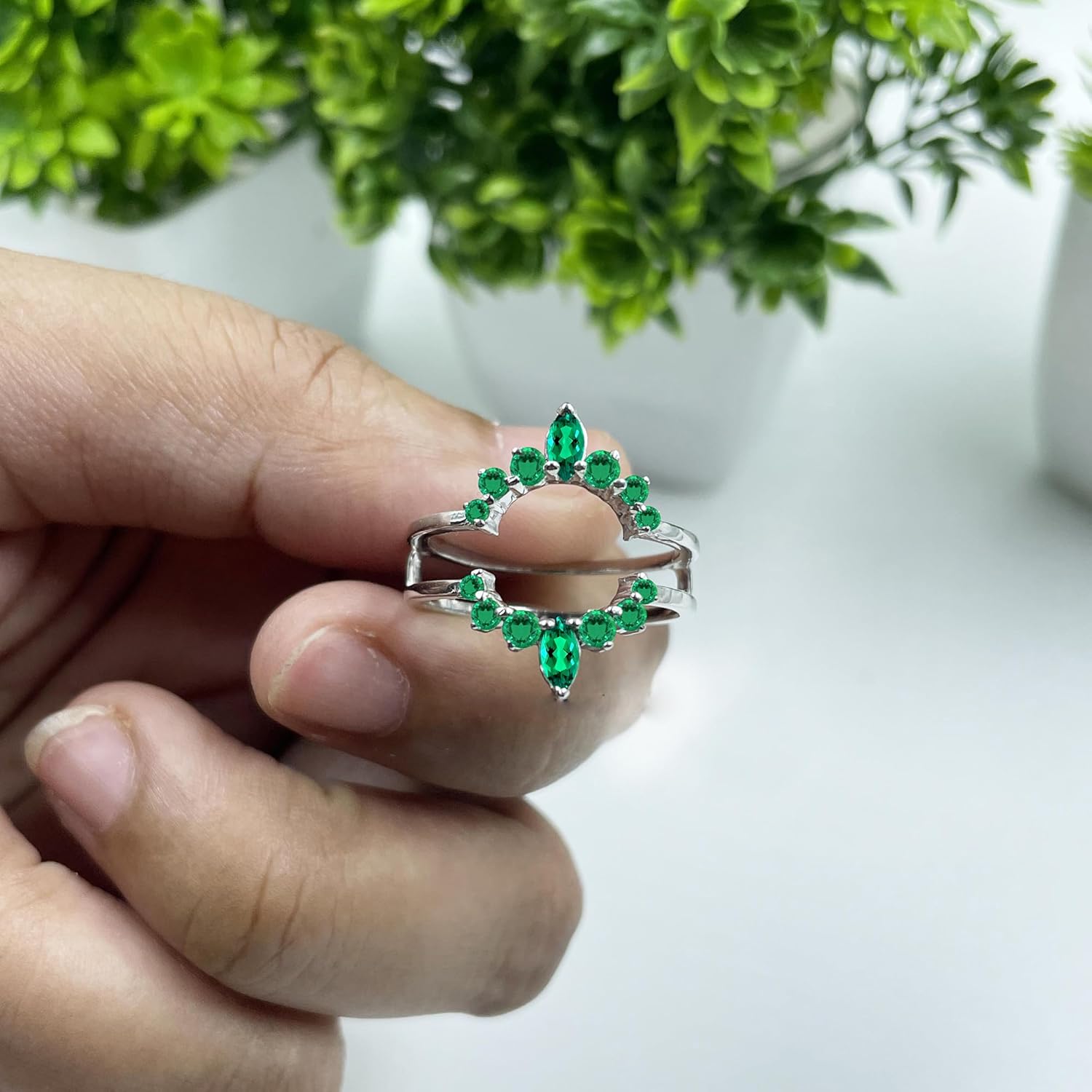 Marquise & Round Cut Green Emerald Curved Crown Enhancer Guard For Women, 14K Gold Plated 925 Silver May Birthstone Green Emerald Chevron Contour Crown Enhancer Wrap Guard Matching Band