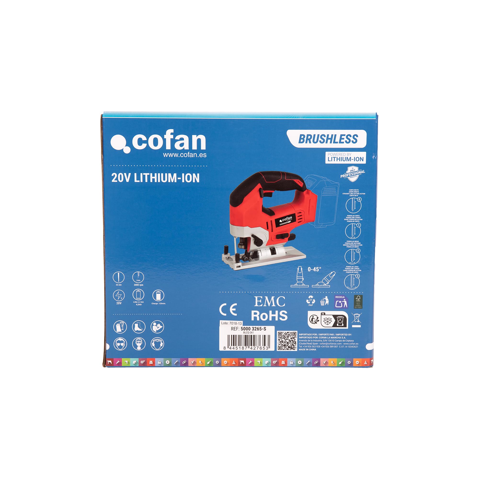 Cofan Sierra de calar a batería | Potencia: 20 V | Motor sin escobillas | Velocidad variable 0–3000 rpm | Acción pendular | Corte inclinado ±45° | Batería y cargador no incluidos