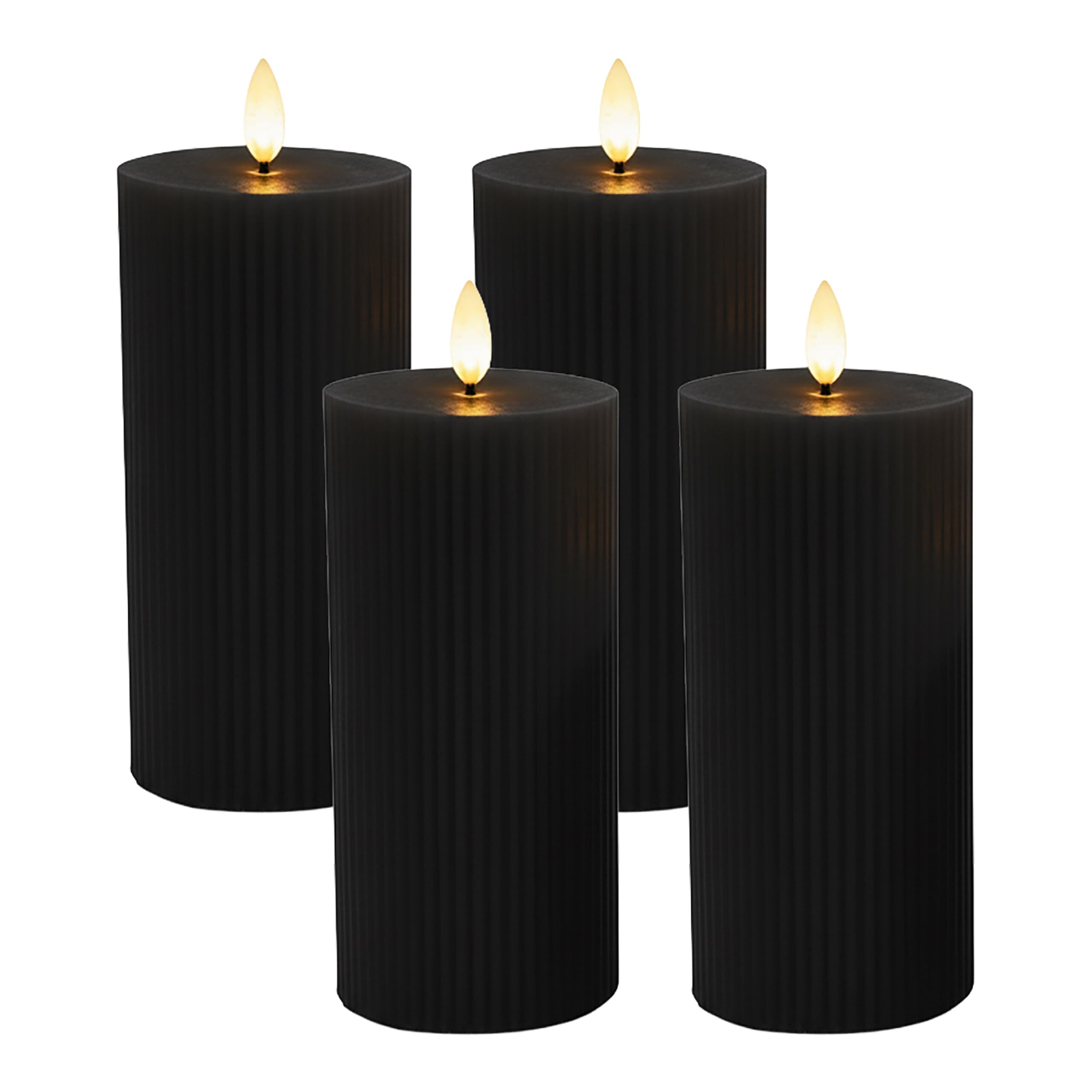 Relaxdays LED Kerzen, 4er Set, HxD: 18 x 7,5 cm, flackernde Flamme, Echtwachs, Rillen, flammenlose Blockkerzen, schwarz