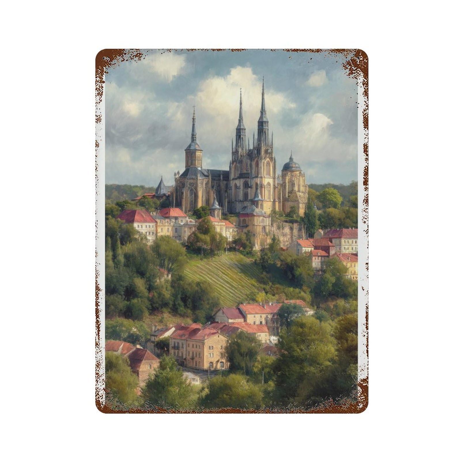 xiaoxiaoshen Kutná Hora Czech Republic Oil Painting Travel Historic Cathedral Town Wall Decor Art Metal Tin Poster Modern Home Decor Art Home Bar Shop Decorations Vintage Sign 40x30cm