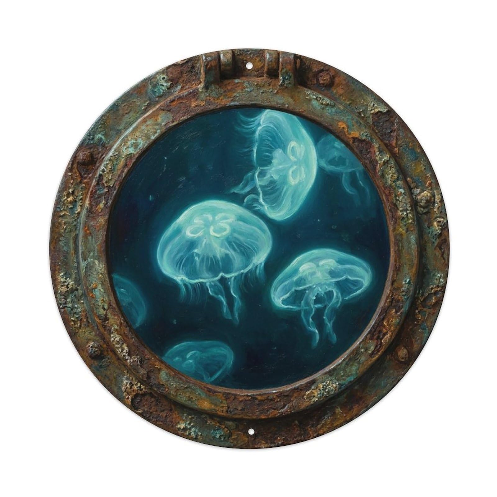 Vintage Porthole Moon Jellyfish Glow Ship Window Under Deep Metal Tin Sign