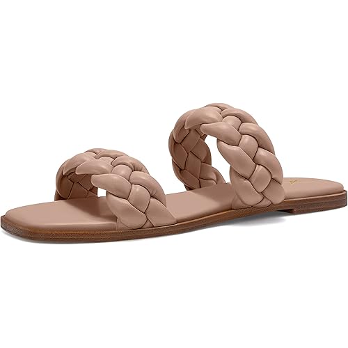 Athlefit Women's Square Open Toe Braided Sandals Slip On Low Block Heel Slide Sandals