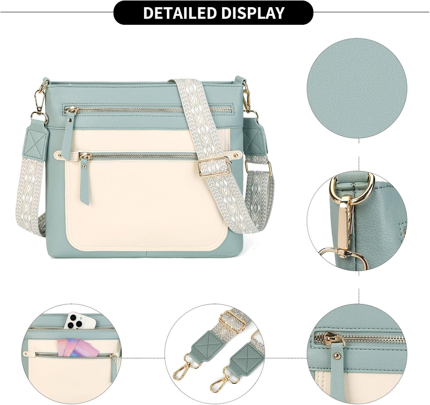 Two-Tone Crossbody Bag for Women with Detachable Woven Strap Shoulder Purses Multi-Zipper Compartments