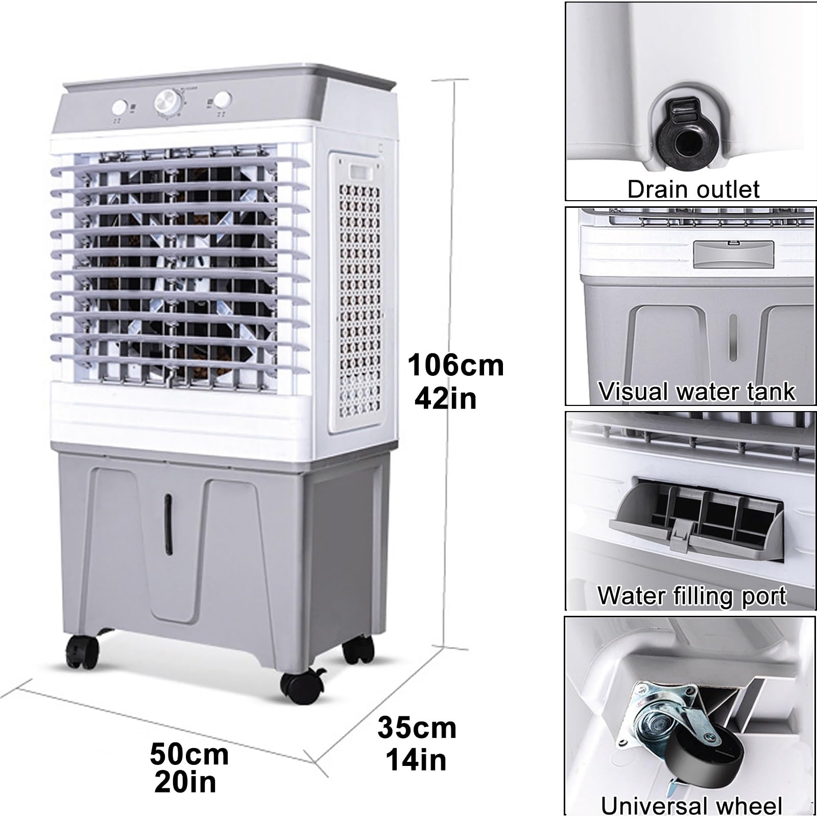 Aire Acondicionado portátil con Tanque de Agua de 60 litros, 3 velocidades, 4 Ruedas, Incluye 4 Cajas de Hielo para Uso doméstico, Garaje o Comercial