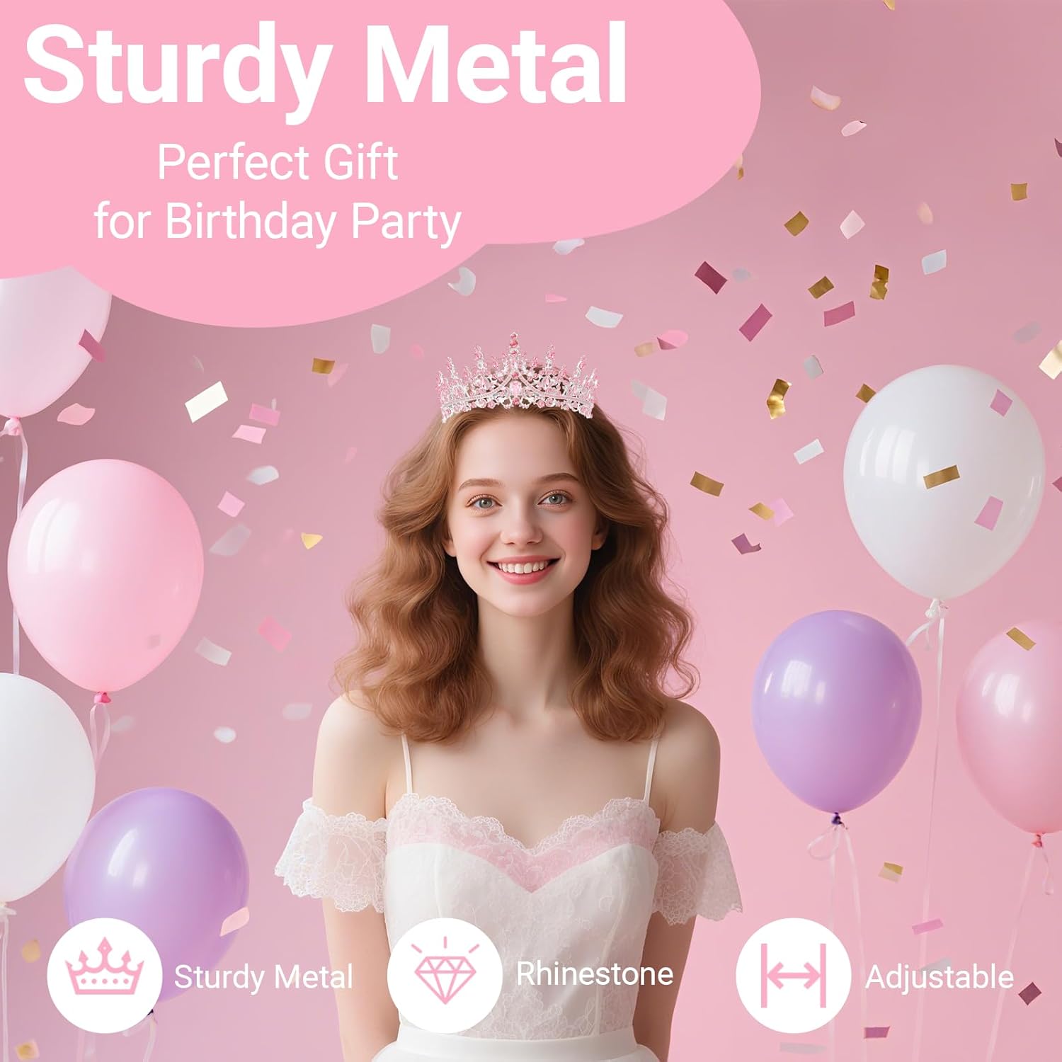 Birthday Tiara and Crown with Sash, Birthday Tiara for Women Party (Pink) - Image 3