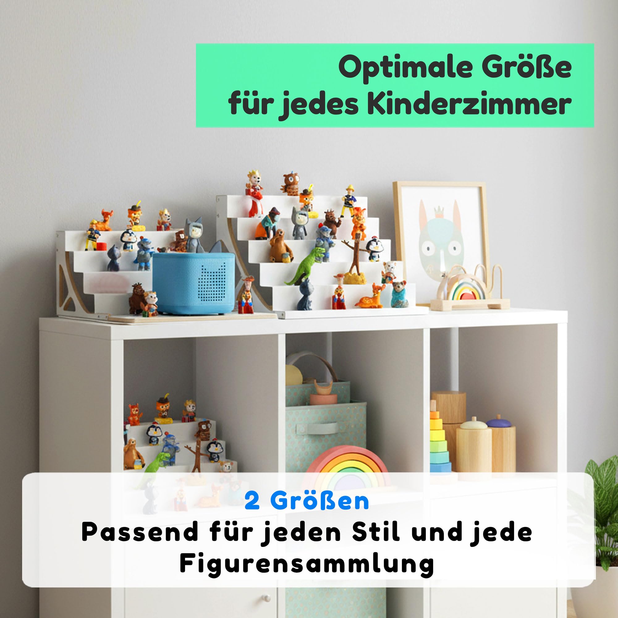 stadtecken® Magnetisches Regal für Musikbox-Figuren – Passend für Kallax und mehr | Optional mit Platz für Toniebox | Geeignet für ca. 40 Figuren | Weiß (BoxPlus)