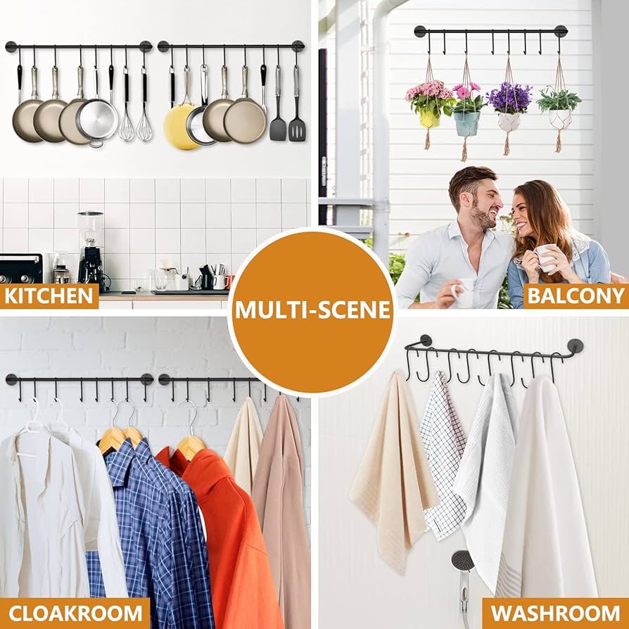 Dengofng Wall Mounted Aerospace Aluminum Kitchen Utensil Rail Rack Pot Lid Holder With S Hooks - For Hold Towel, Clothes, Kitchen Tool, Cookware, Utensil, Pots And Pans 4hooks/5hoks/6hooks Optional