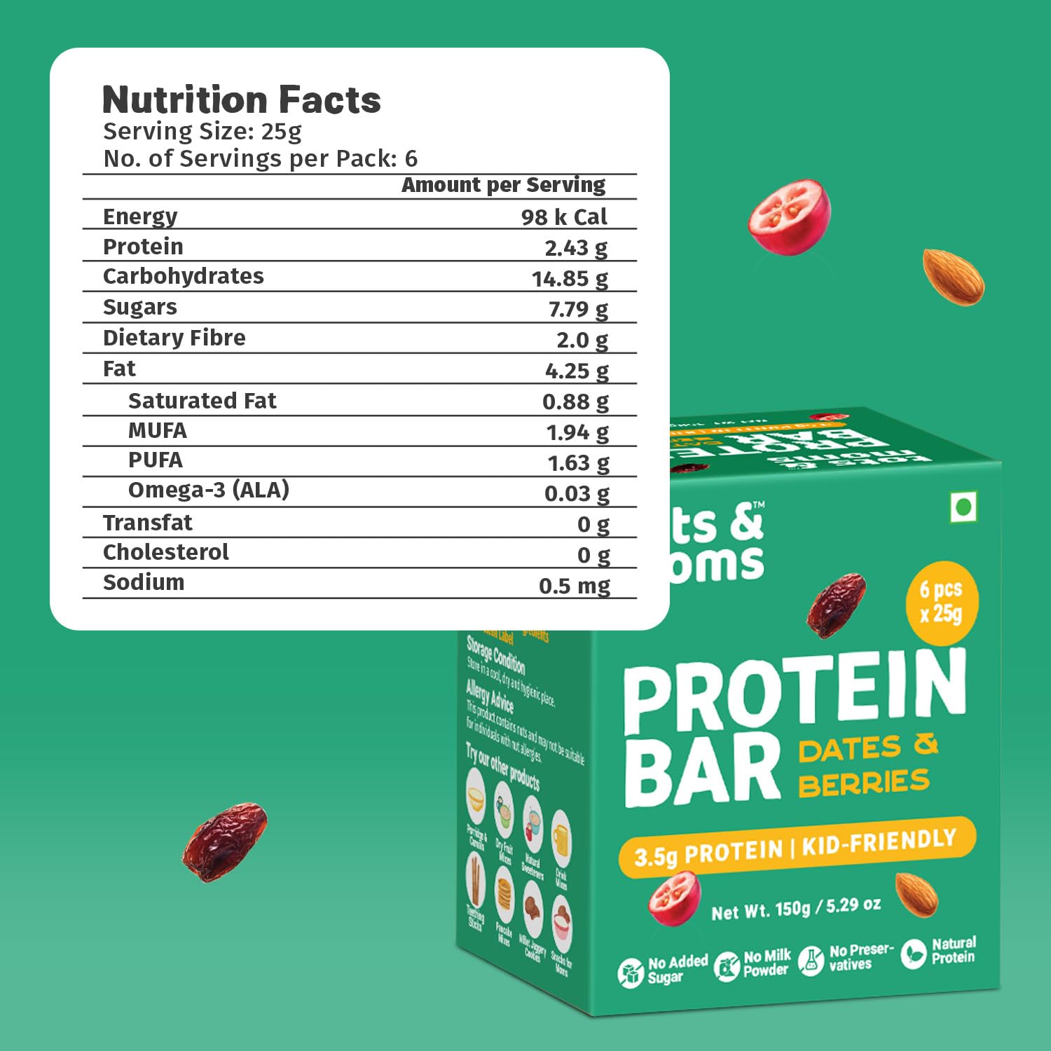 Tots & Moms Natural Protein Bars for kids - Dates, Nuts & Cranberries, Pack of 2 | 3.5g Protein per Bar | Rich in Fiber | Sweetened with Dates | (25g X 6) 150g - Each — Amazon image 9