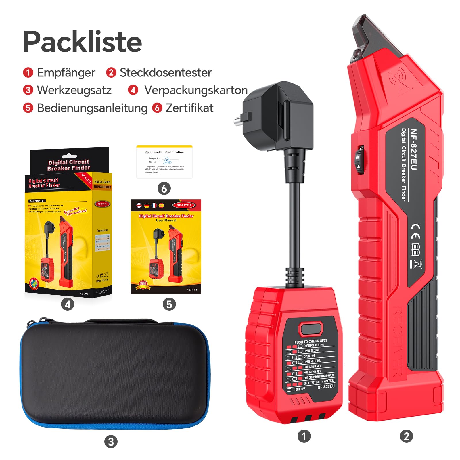 NOYAFA NF-827EU - Rilevatore di sicurezza, dispositivo di ricerca del circuito, tester di tensione senza contatto (con tester per presa da 230 V Schuko), tester di fase NCV, rapida identificazione