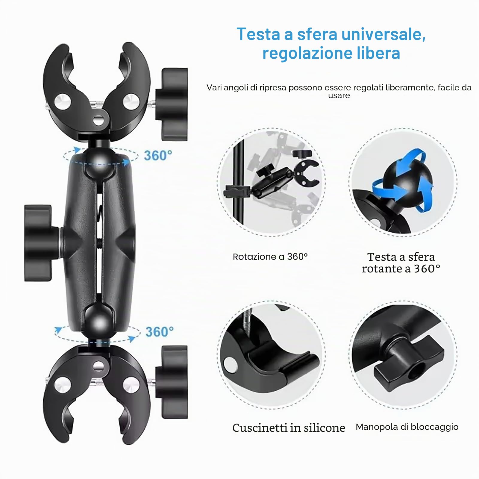 NEWFUN Supporto per Videocamera, Accessorio per insta360 x4, Kit per Moto per insta360 x4, X3, X2 Rotazione di 360 Gradi, Doppio Morsetto, Supporto per Moto, Compatibile con Più Dispositivi