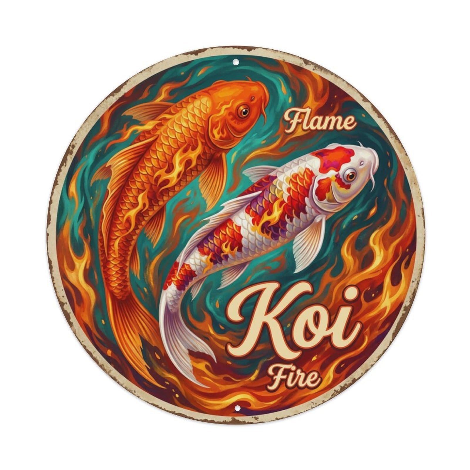 Koi Fish Flame Fire Waters Passionate Hot Intense Energy Metal Tin Sign