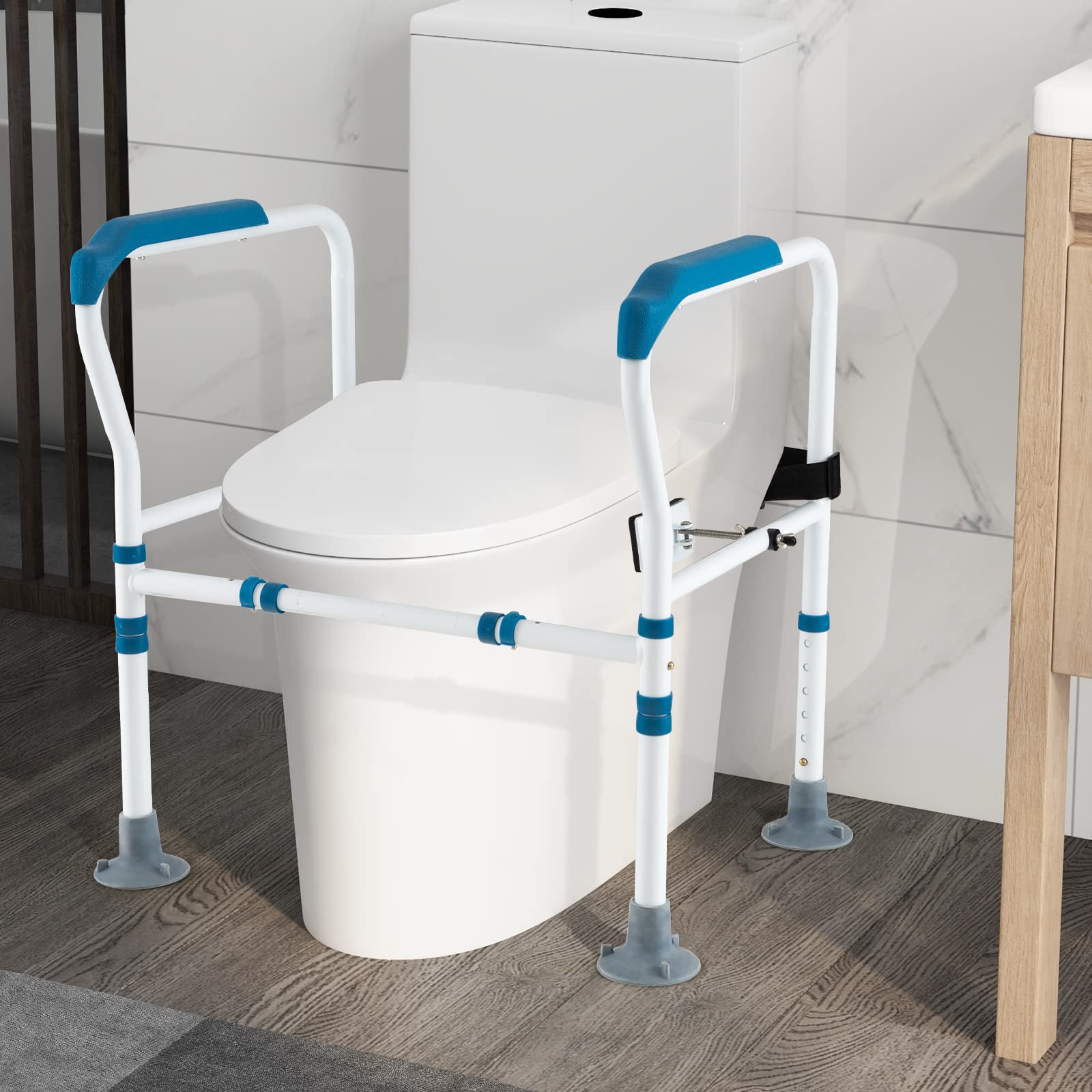 COSTWAY Supporto di Sicurezza Telaio Autonomo per WC, Supporto per WC Regolabile in Altezza e Larghezza con Cinghia di Fissaggio, Con Ventose Antiscivolo (Blu)