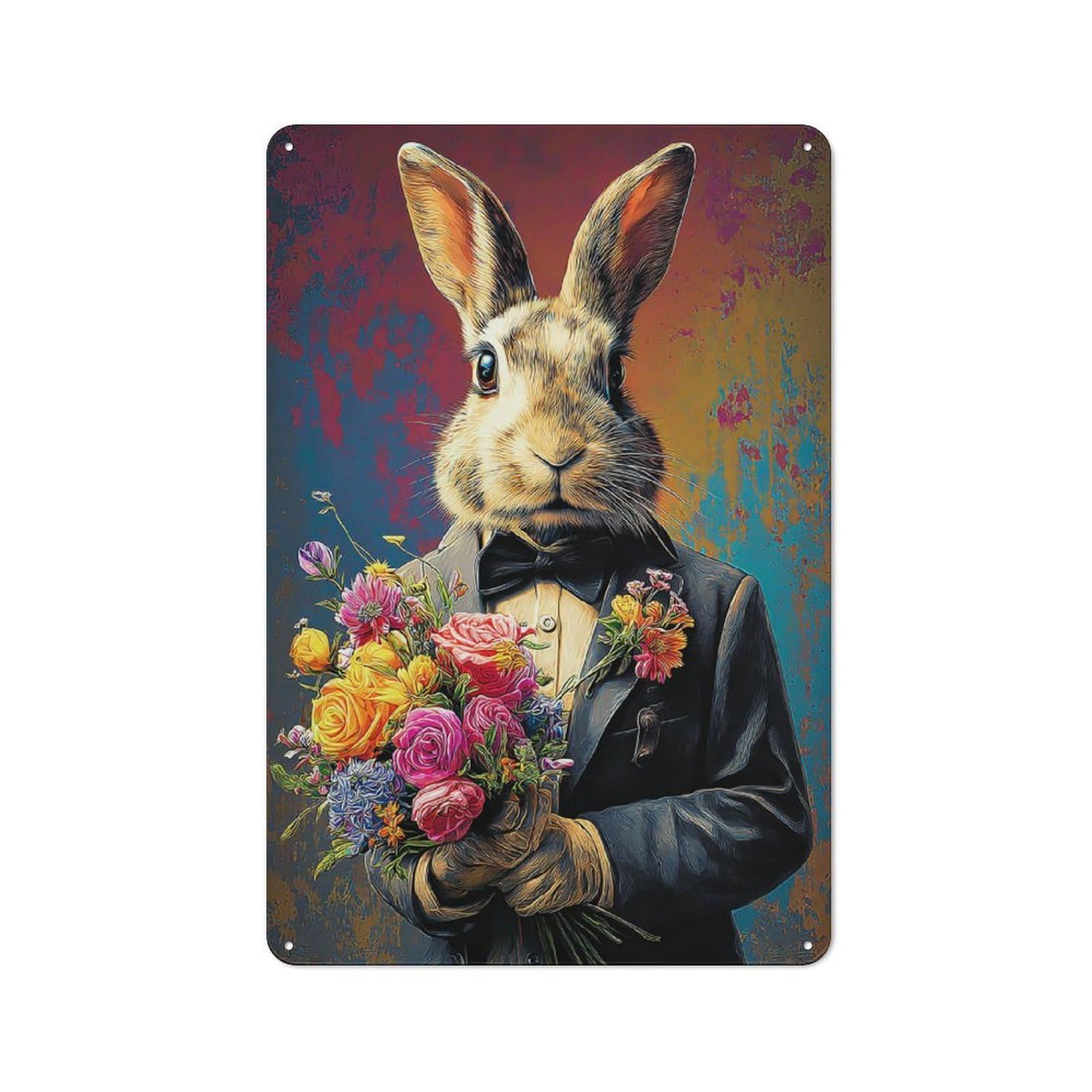 Junmoney Rabbit In Tuxedo With Flowers Metal Wall Sign With Design 30X20cm, Loft Style Studio Wall Art For Flat, Bar, Studio Or Gallery Wall