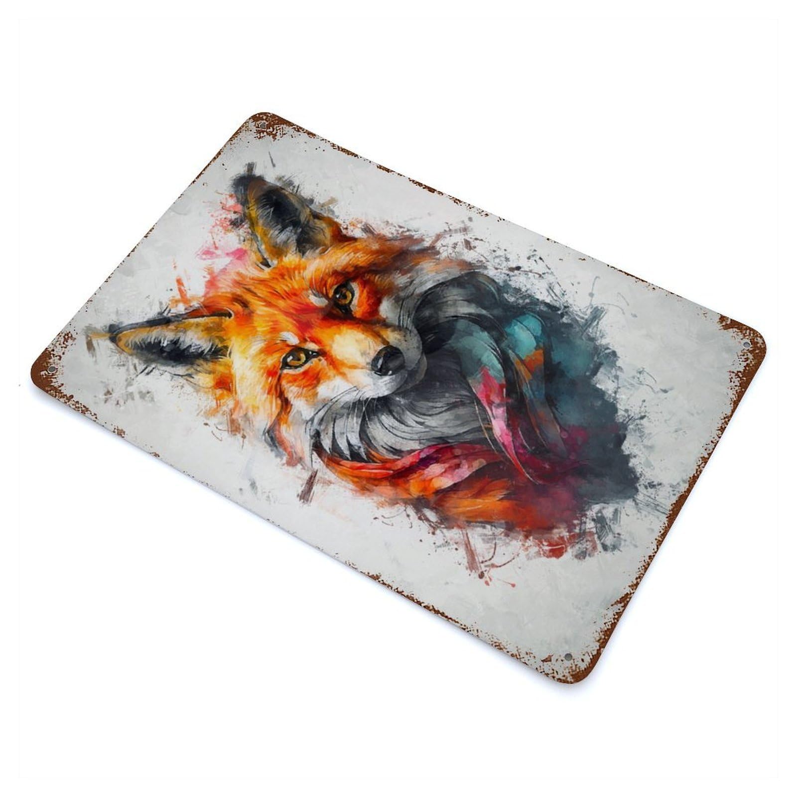 Curious Colorful Fox Aged Metal Wall Plaque 11.8"x7.9", for Living Room, Hallway And Home Decor, Shabby Chic Decor