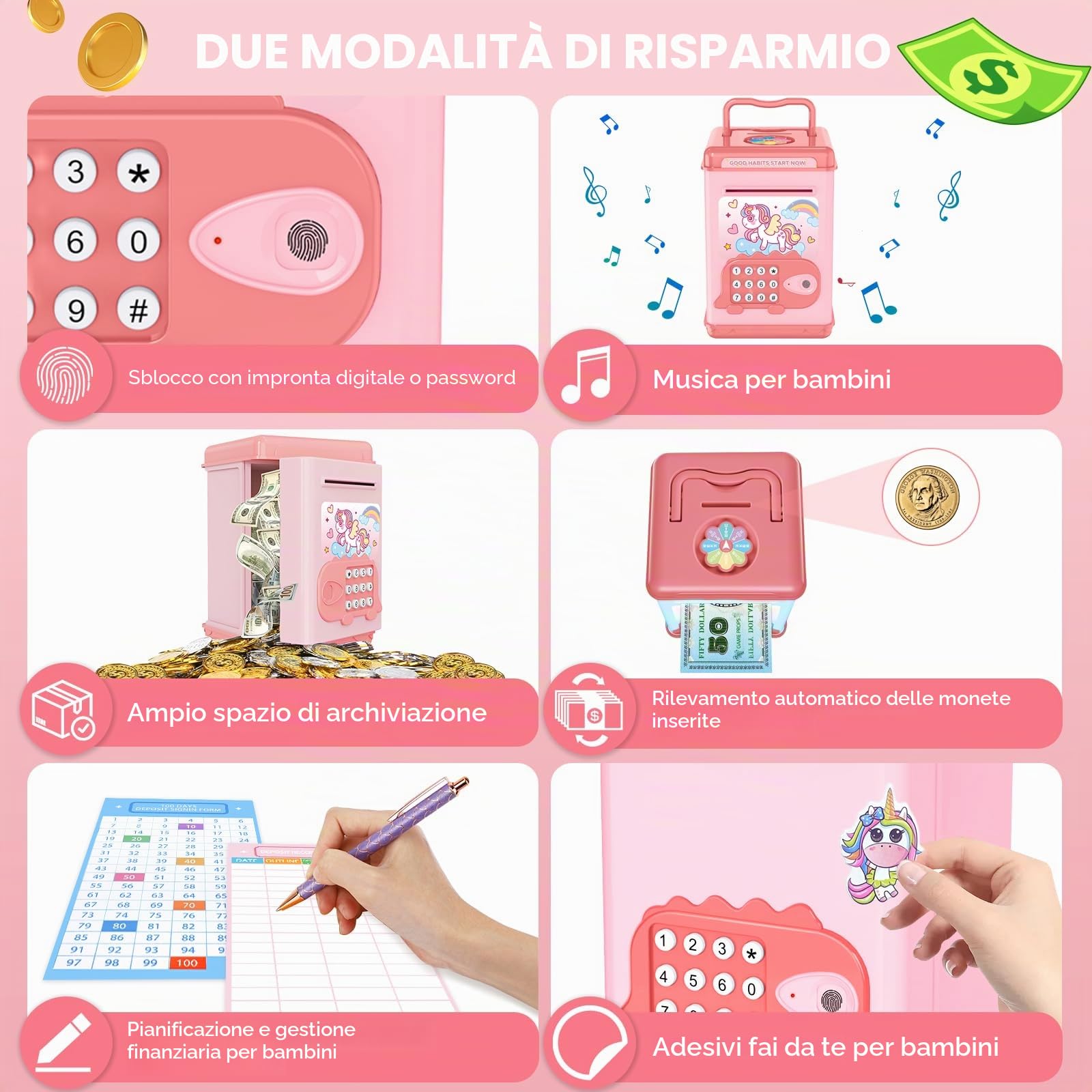 TCJJ Unicorno Salvadanaio Per Bambini,Salvadanaio Per Ragazze Con Password E Sblocco Delle Impronte Digitali,4 Adesivi,Braccialetto Con Unicorno,Regali Con Ragazze Per Natale