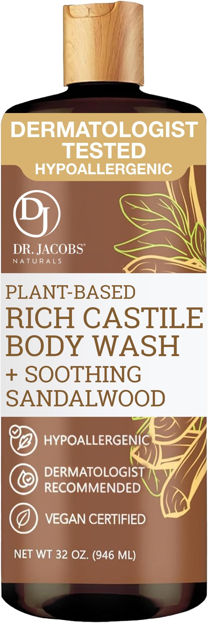 Dr. Jacobs Pure Castile Soap - All Face And Body Wash - Hypoallergenic and Dermatologist Approved (Sandalwood, 32 Fl Oz (Pack of 1))