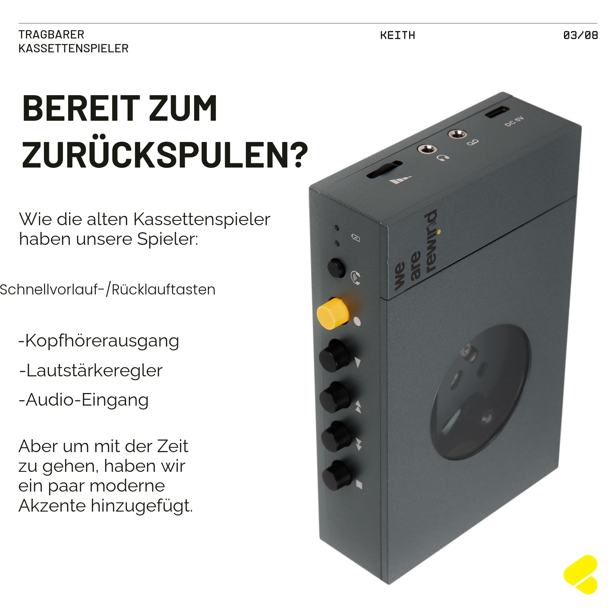 We are Rewind Tragbarer Kassettenspieler – Kassettenrekorder mit Bluetooth-Verbindung, Lautsprecher oder Kopfhörer, 3,5-mm-Audiokabel – (Kurt, Grau)
