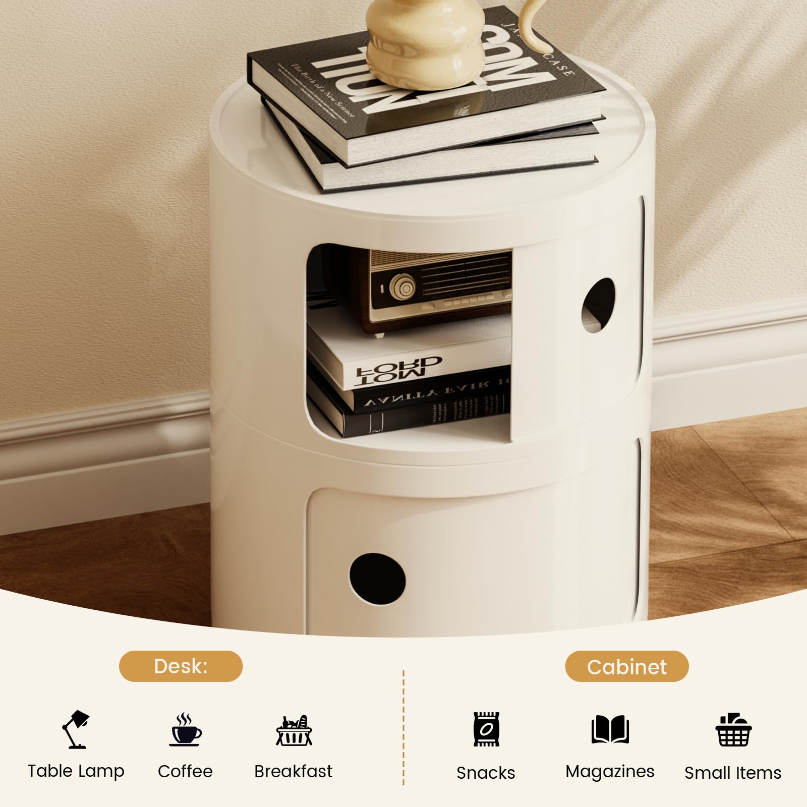 Comodino Rotondo Componibile, Organizer per Cassetti da Cucina, Camera da Letto, Soggiorno, Bagno – Bianco, Unità a 2 Scomparti × 1